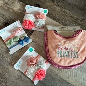 Carter's Pink and White Floral Headbands and Le Bebe bibs